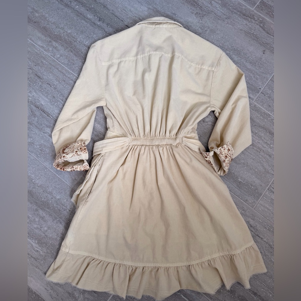 Pilcro Anthropologie Cream Boho Mini Dress Tie Waist Ruffle Hem XS - Picture 10 of 15